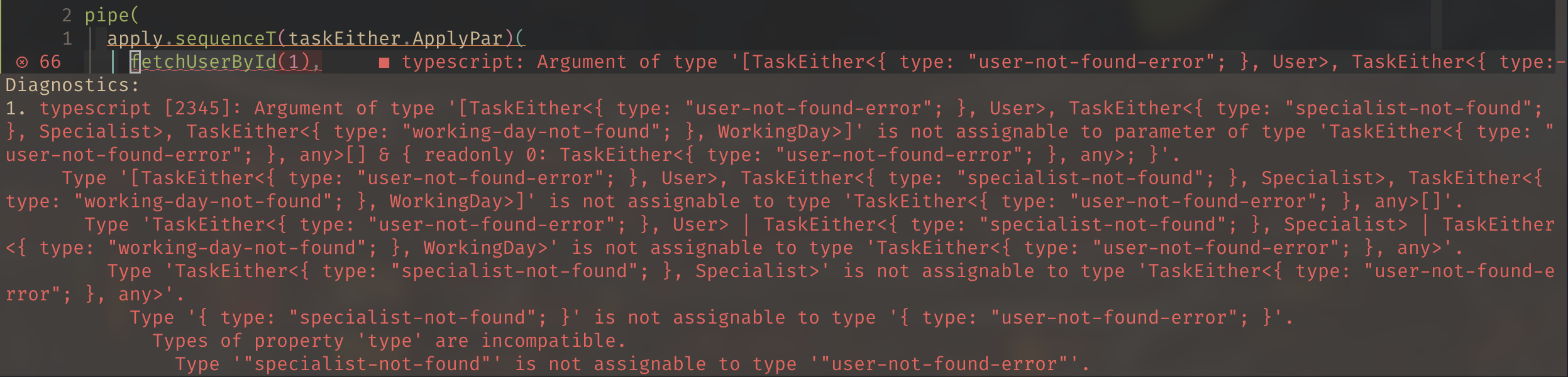 Error message when using apply.sequenceT to combine the results. Error types are different and cannot be combined.