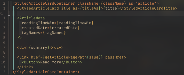Screenshot of that same code from earlier. JSX is highlighted in rainbow
colors but the highlight includes the props. JSX self-closing elements are not
highlighted at
all.