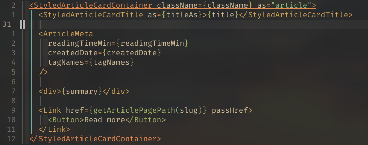 Screenshot of the prior JSX code with matching JSX tag names highlighted using
the same color. Tags on different levels of nesting are highlighted in different
colors
