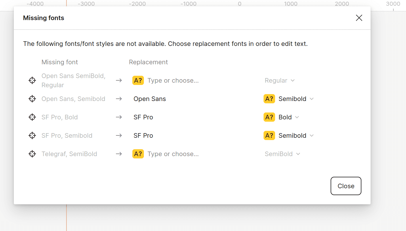 Figma dialog informing the user about missing local fonts. This time it lists
only a handful of fonts which are not installed locally. Other ones were served
correctly and using them in Figma is
possible.