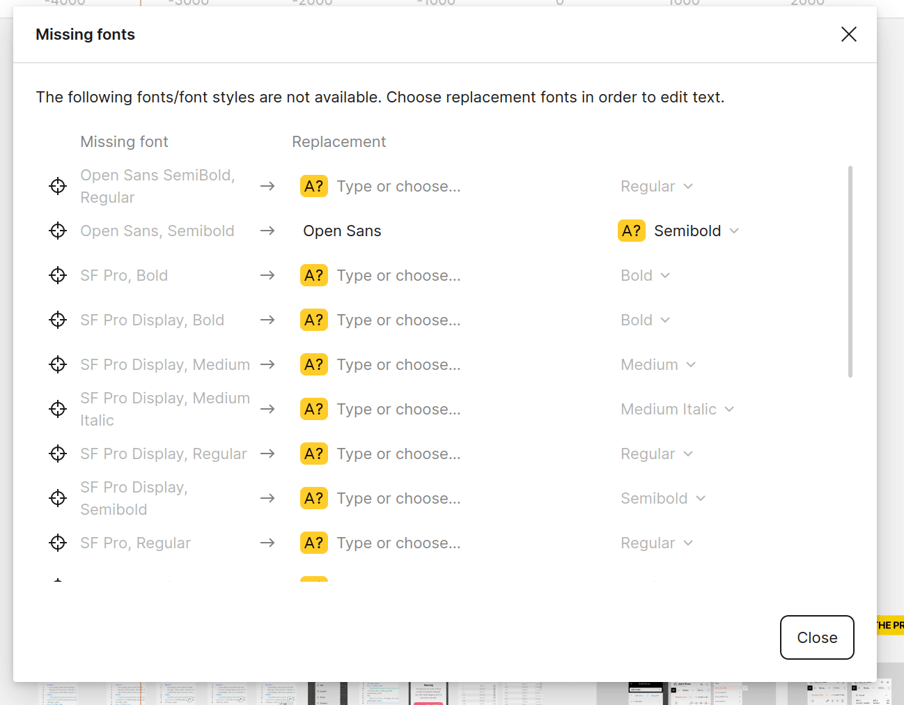 Figma dialog informing the user about missing local fonts. It offers a way to
replace those missing fonts with some existing and available
font.